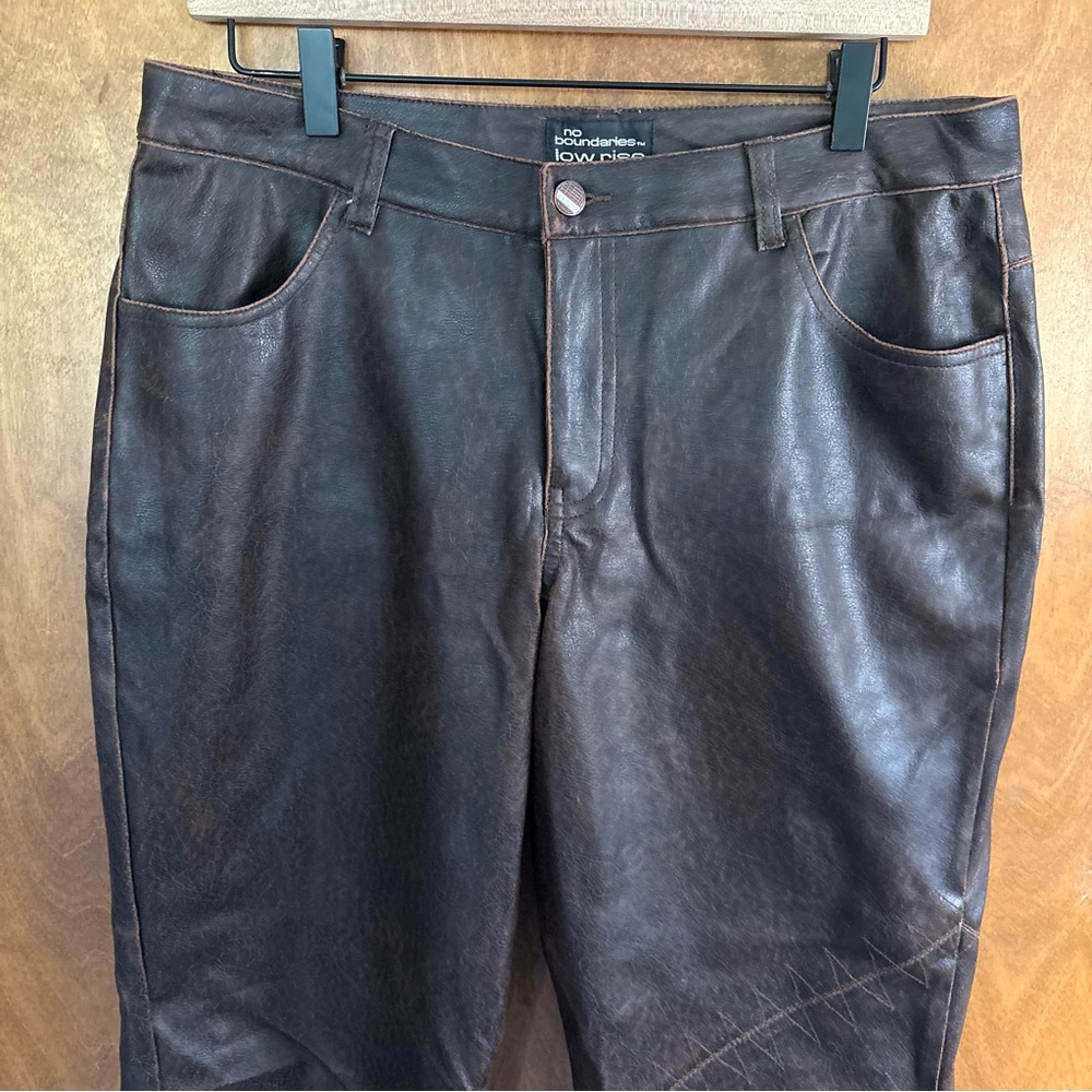 VINTAGE Chocolate Brown Patchwork Low Rise Faux Leather Flare Pants Y2K Goth 90s - Picture 3 of 16